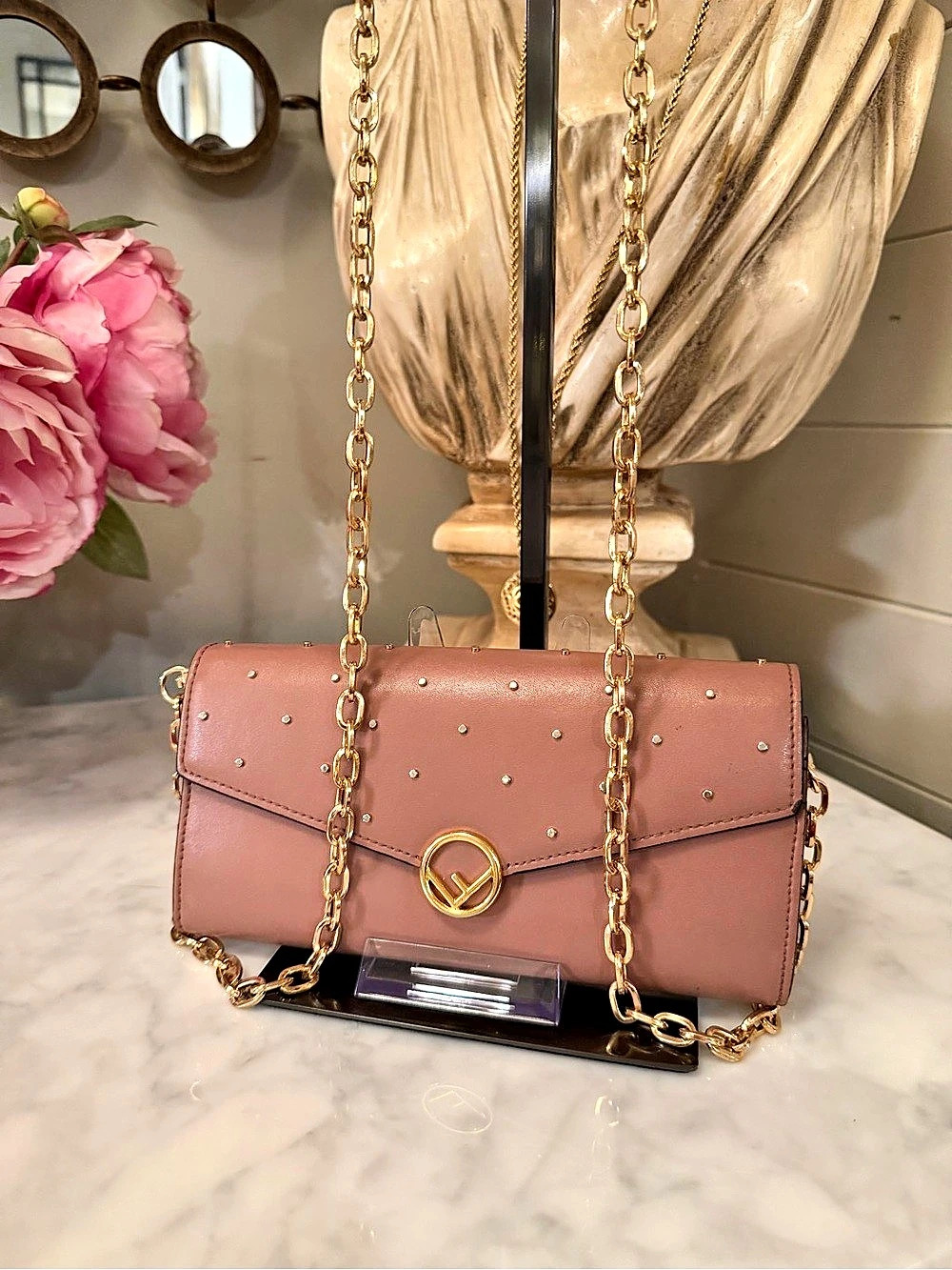 Fendi Kan I Studded bifold long wallet in Pink EUC w shoulder chain